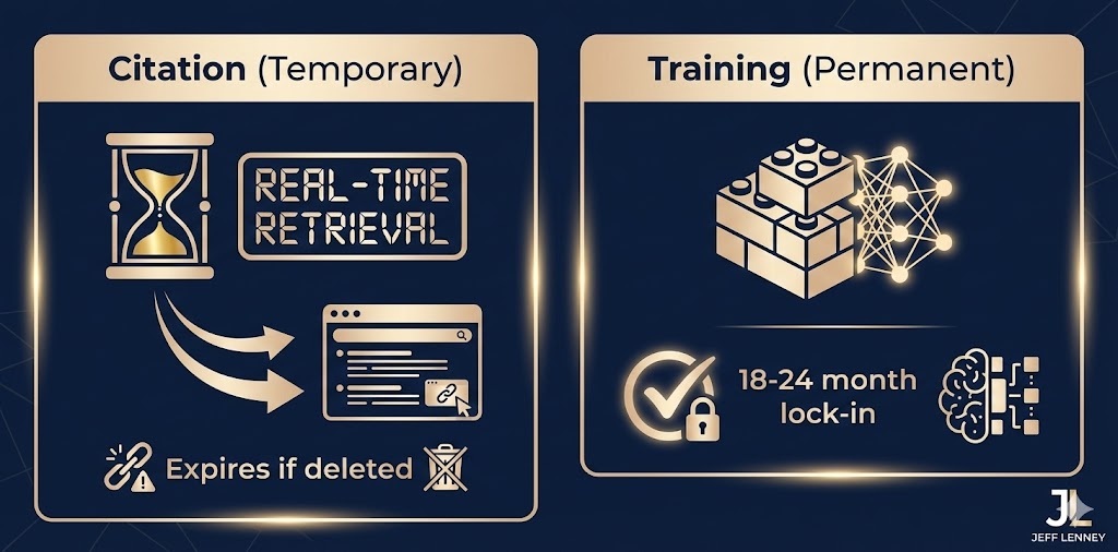 Comparison of temporary AI citations versus permanent training data embedding in neural networks