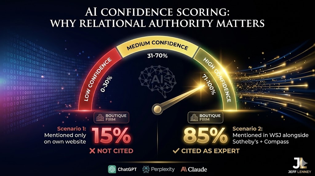 AI confidence scoring visualization showing how entity mentions alongside industry leaders increases AI citation probability with confidence meter on luxury black background