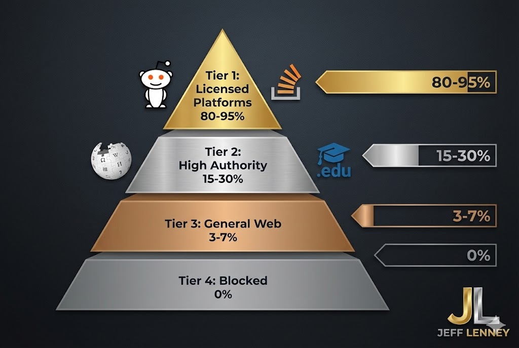 AI training data selection hierarchy showing platform licensing deals and selection probability rates