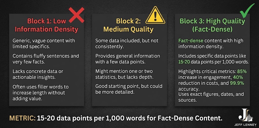 Content information density comparison showing high-value training data format with specific metrics