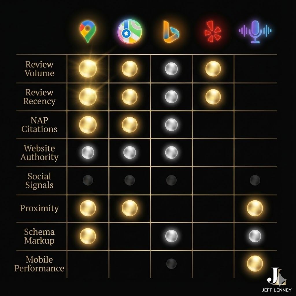 Luxury data matrix showing cross-platform local SEO ranking factors - comparing importance of reviews, citations, schema, NAP, and social signals across Google Maps, Apple Maps, Bing, Yelp, and voice search on black background with gold accents