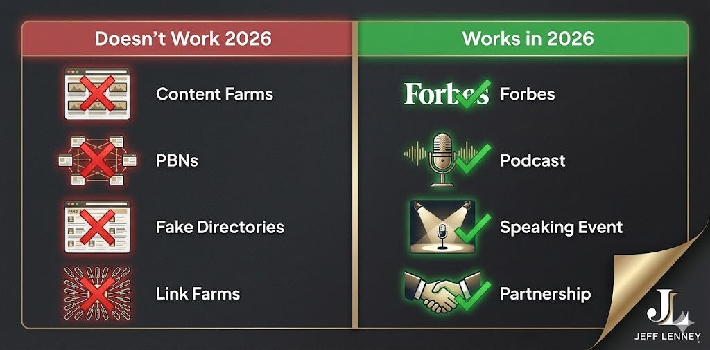 2026 backlink strategy showing ineffective content farm links versus effective entity-based links