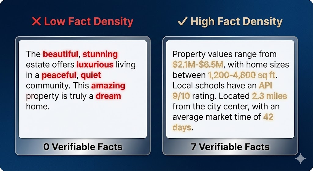 Fact density comparison showing adjectives versus verifiable data points for AI optimization