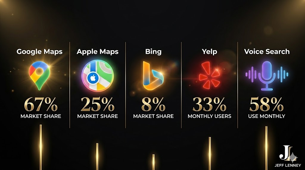 Market share visualization of five local search platforms on luxury black background - Google Maps 67%, Apple Maps 25%, Bing 8%, Yelp 33%, Voice Search 58% with glowing platform icons