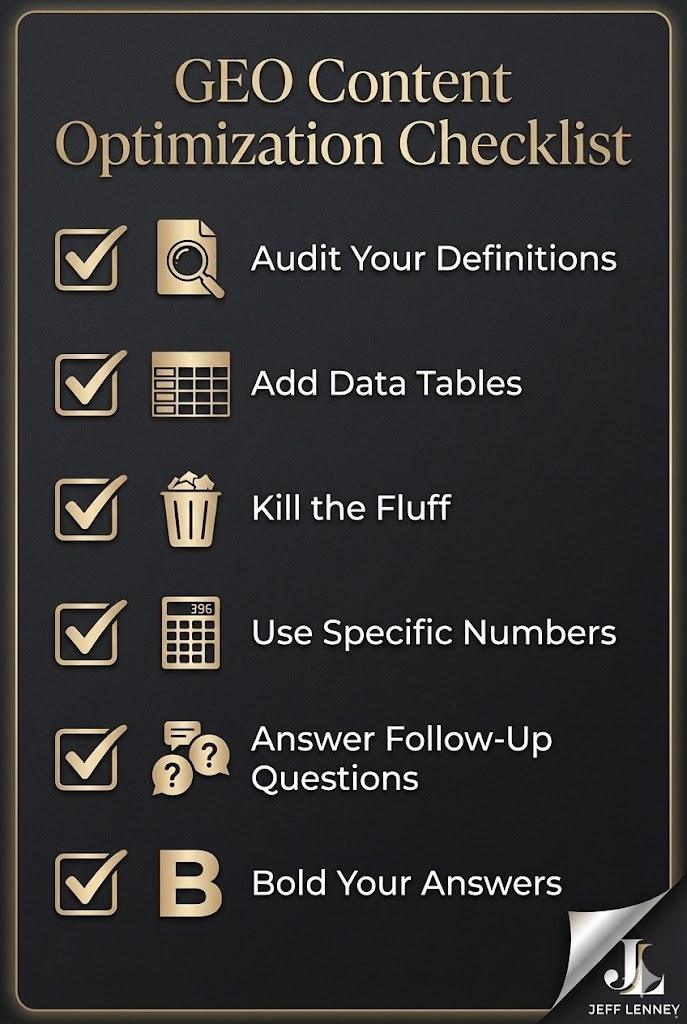 GEO optimization checklist with 6 tactical steps for 2026 content strategy