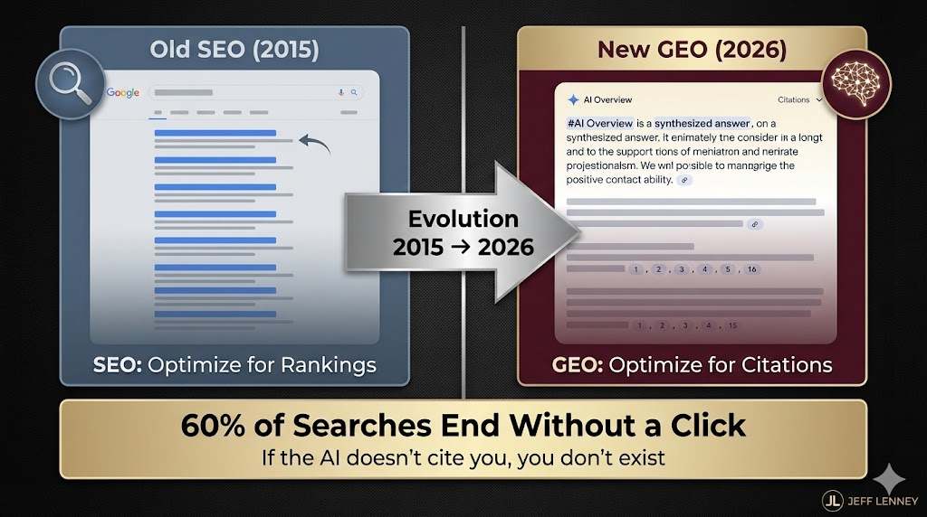 Split-screen comparison showing traditional SEO blue links versus modern GEO AI Overview citations for 2026 optimization