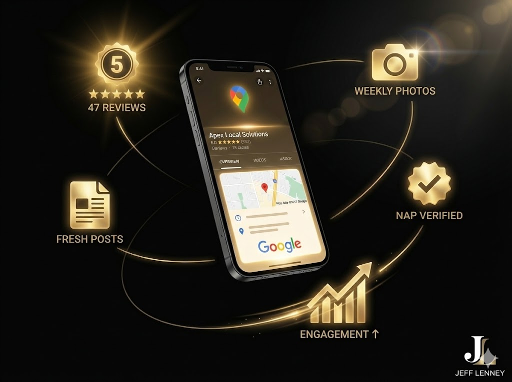 Luxury 3D visualization of Google Business Profile optimization showing glowing smartphone with floating gold icons for reviews, photos, posts, NAP consistency and engagement metrics on black background