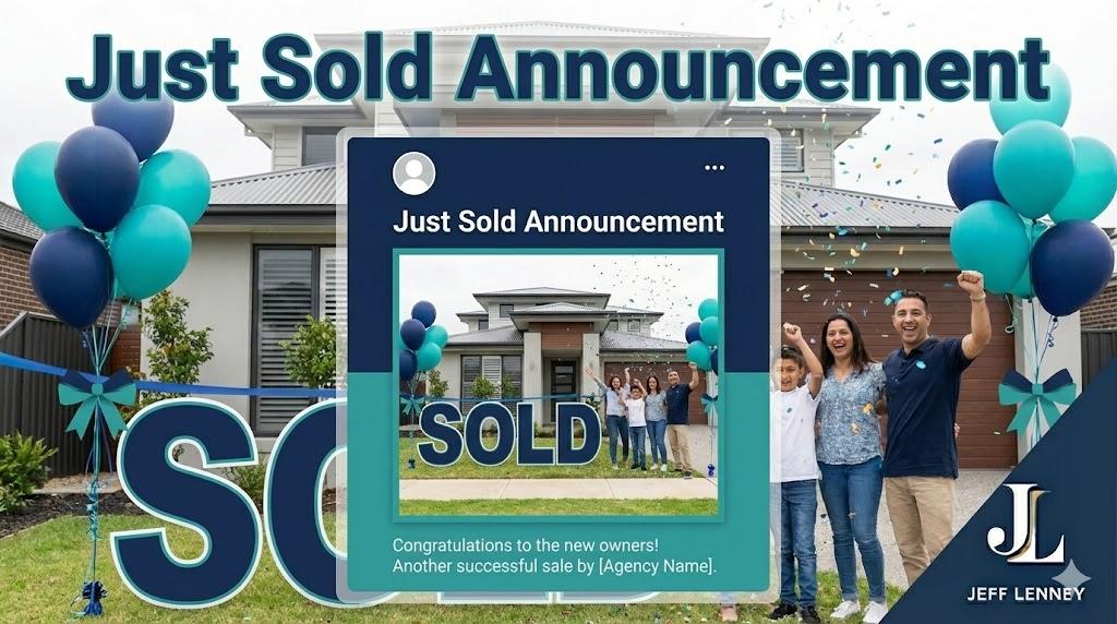 SOLD sign in front of house with celebrating aesthetic, social media post template overlay, text overlay 'Just Sold Announcement', navy and teal color scheme, celebratory professional real estate marketing aesthetic"