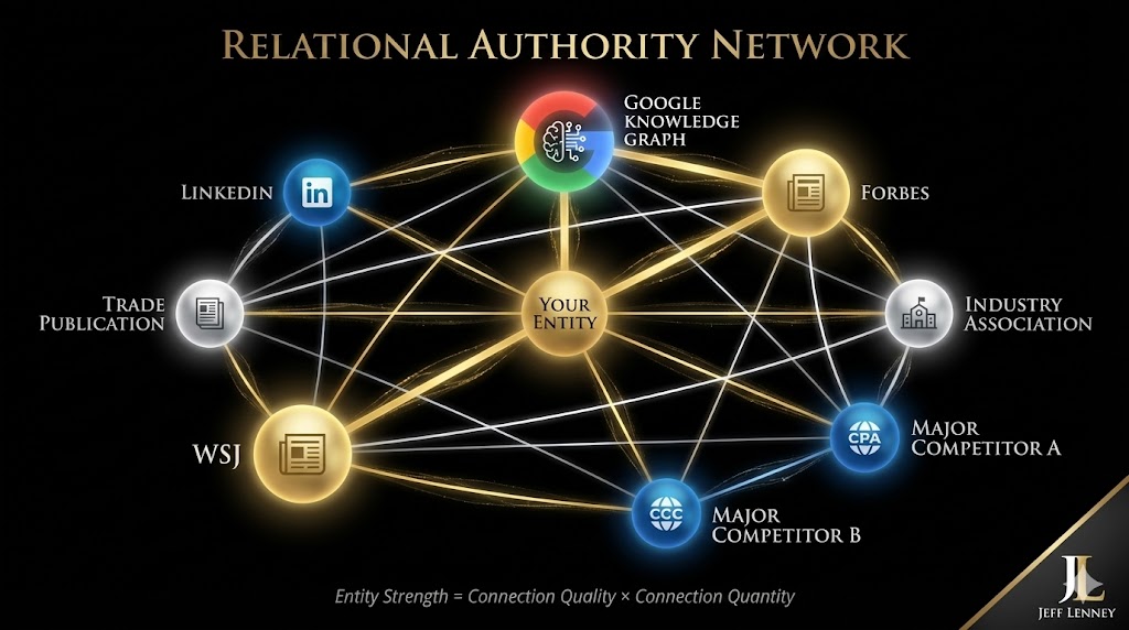 Knowledge Graph entity connection visualization showing central business entity connected to established industry authorities through relational network on black background with gold connection lines