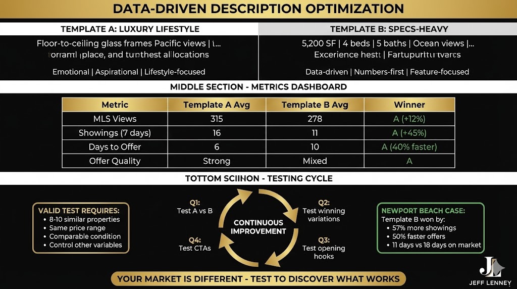 A/B testing framework for listing descriptions showing systematic testing methodology on black background