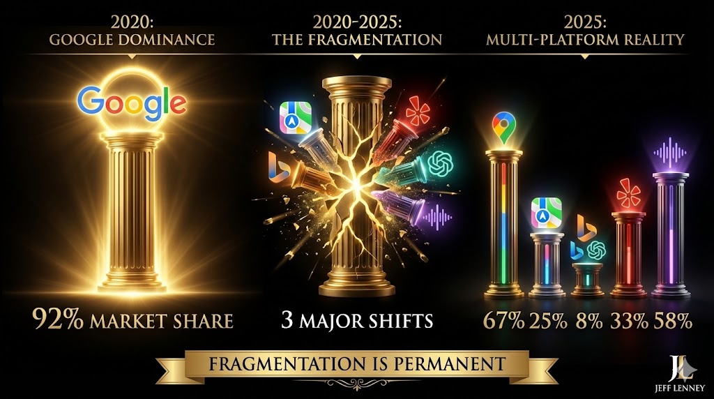 Timeline showing local search fragmentation from 2020 to 2025 - Apple Maps improvement, AI search rise, and voice search adoption causing platform diversification on luxury black background with gold accents
