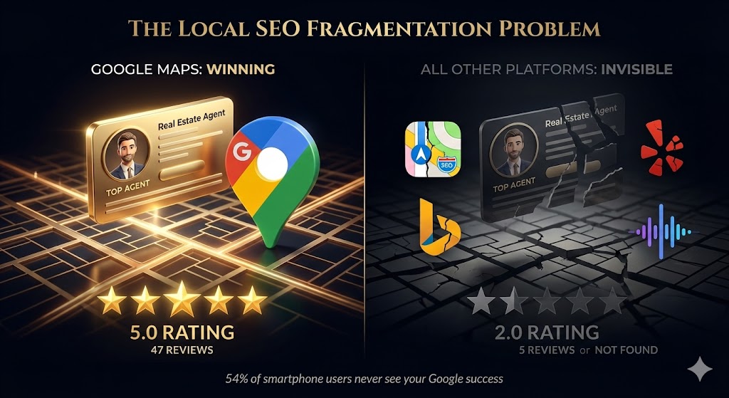 Local SEO fragmentation visualization showing same luxury real estate agent with 5.0 star rating on Google Maps versus 2.0 stars across Apple Maps, Yelp, Bing and voice search platforms