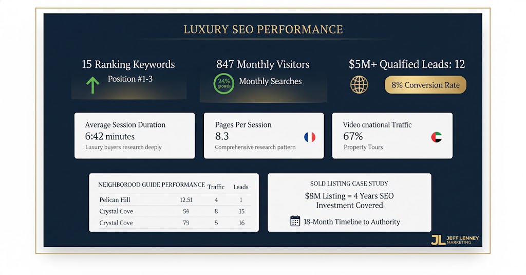 Luxury real estate SEO metrics dashboard and KPI tracking