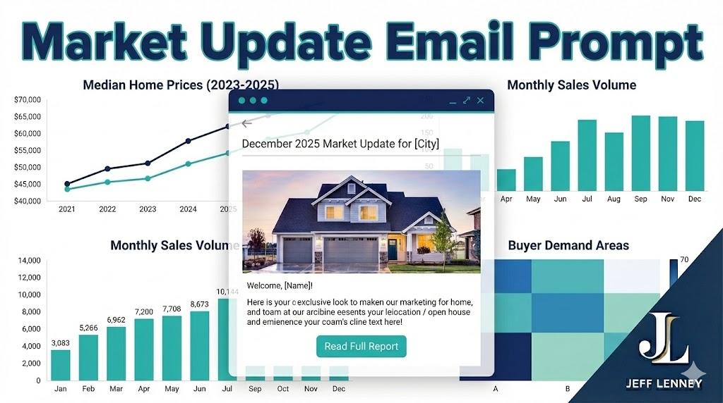 Real estate market charts and graphs showing trends, email template overlay, text overlay 'Market Update Email Prompt', navy and teal color scheme, professional market analysis aesthetic, data visualization elements"