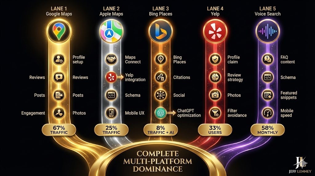 Multi-platform local SEO optimization roadmap showing five platform strategies - Google Maps, Apple Maps, Bing Places, Yelp, and Voice Search with platform icons and tactical pathways on luxury black background