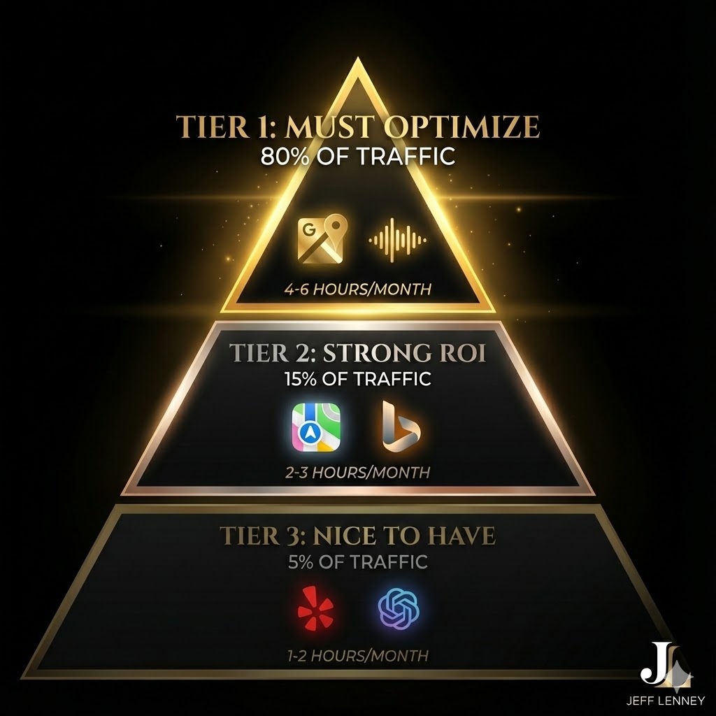  Luxury three-tier priority pyramid for multi-platform local SEO strategy - Tier 1 Google Maps and Voice Search, Tier 2 Apple Maps and Bing, Tier 3 Yelp and ChatGPT on black background with gold accents