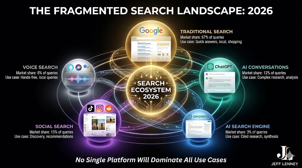 Multi-platform search ecosystem 2026 showing Google traditional search, ChatGPT, Perplexity, social platforms, and voice search all serving different user needs on black background with market share percentages