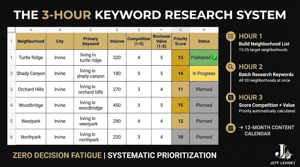 Keyword to content mapping system showing 12 month publishing calendar framework on black background