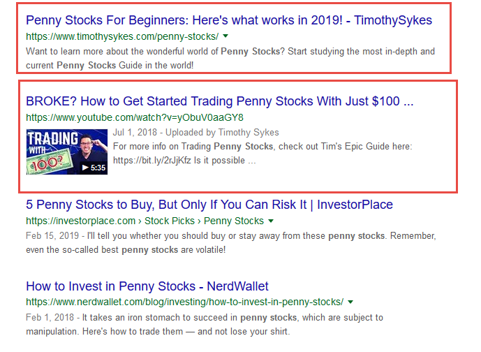 Google search results showing Timothy Sykes ranking #3 for penny stocks, ahead of InvestorPlace and NerdWallet