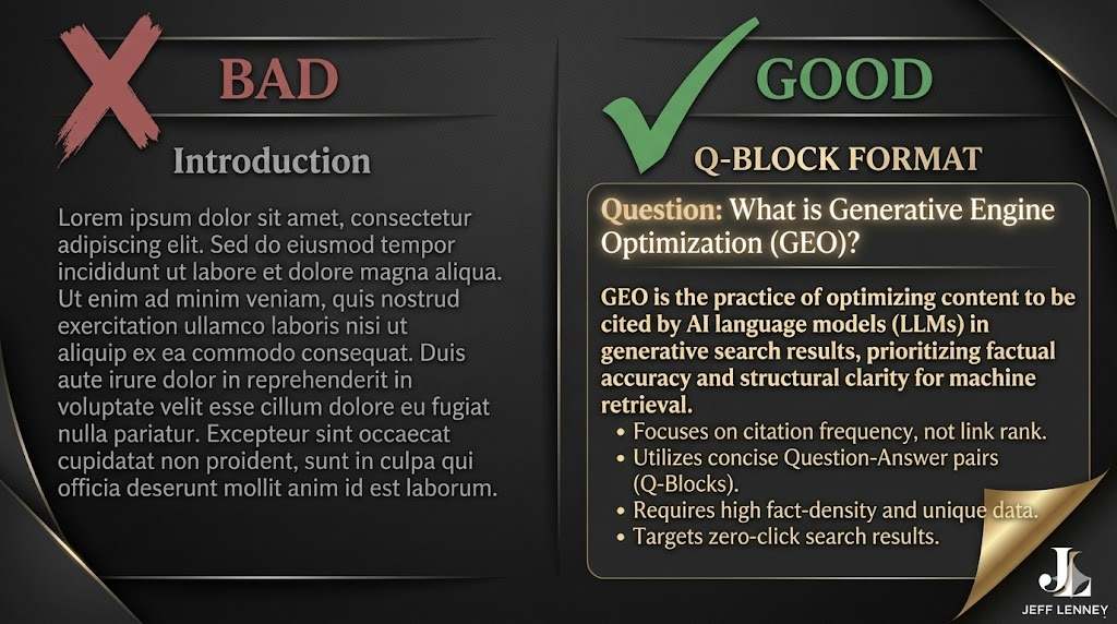 Q-Block format comparison showing fluffy intro versus structured question-answer format