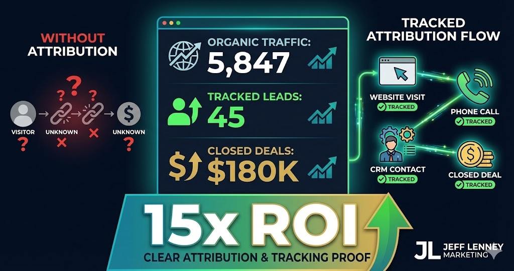 Real estate analytics dashboard showing SEO ROI tracking and attribution
