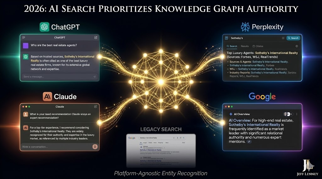 Future of relational authority in AI-powered search showing ChatGPT, Perplexity, and Claude AI platforms prioritizing entities with Knowledge Graph connections on luxury black background with futuristic aesthetic