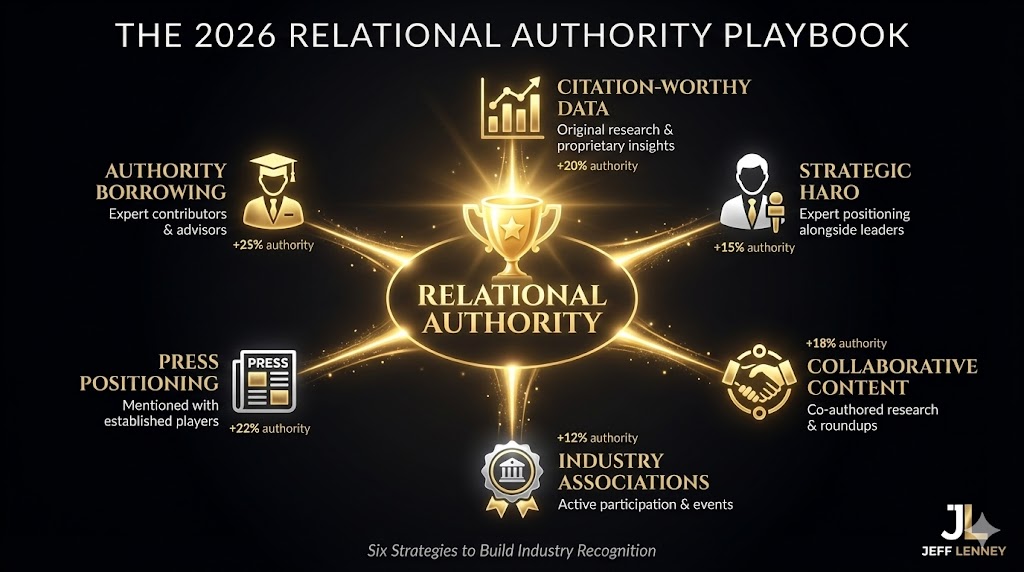 Six-strategy playbook for building relational authority in 2026 showing citation-worthy data, HARO positioning, collaborative content, industry associations, press coverage, and expert contributors on luxury black background with gold strategic pathway