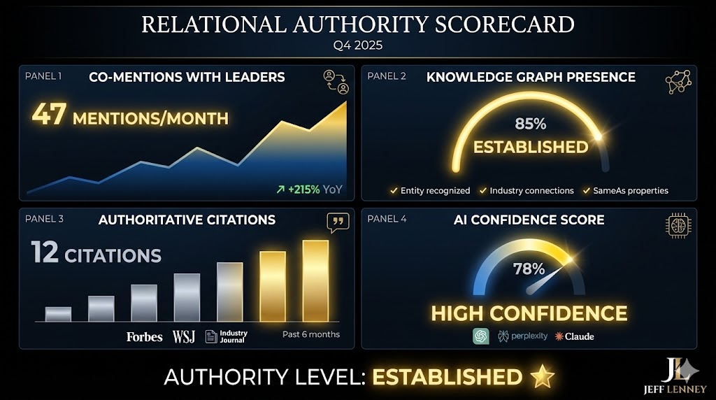 Relational authority measurement dashboard showing key metrics - brand mentions, co-citations, Knowledge Graph presence, and AI citation probability on luxury black background with data visualizations
