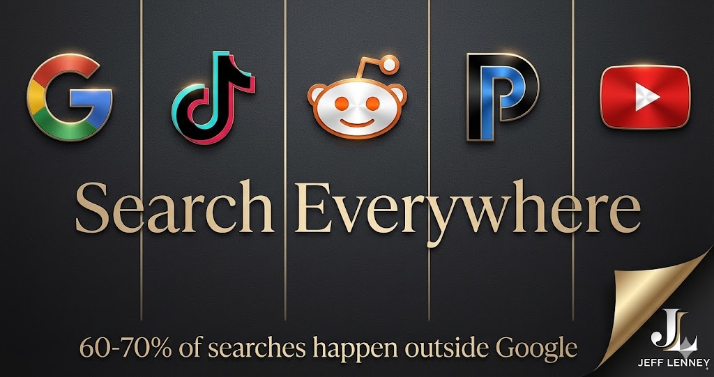 Five search engines comparison showing Google, TikTok, Reddit, Perplexity, and YouTube