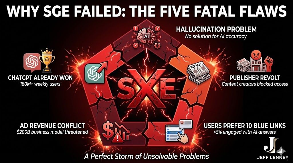 Five fatal flaws that killed Google SGE - hallucination problem, publisher revolt, user preference for traditional results, advertising revenue conflict, and ChatGPT competition on black background