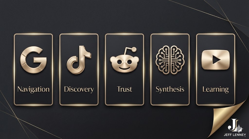 Five search engines comparison showing Google, TikTok, Reddit, Perplexity, and YouTube with their primary use cases