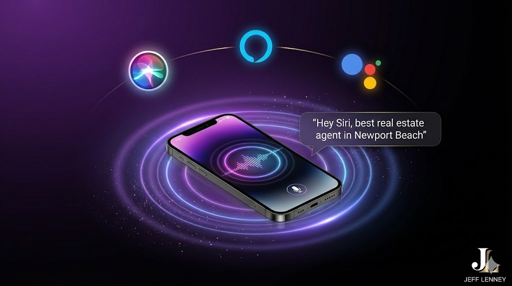 Luxury voice search visualization showing smartphone with glowing purple sound waves and Siri, Alexa, Google Assistant icons on black background with gold accents representing local business queries