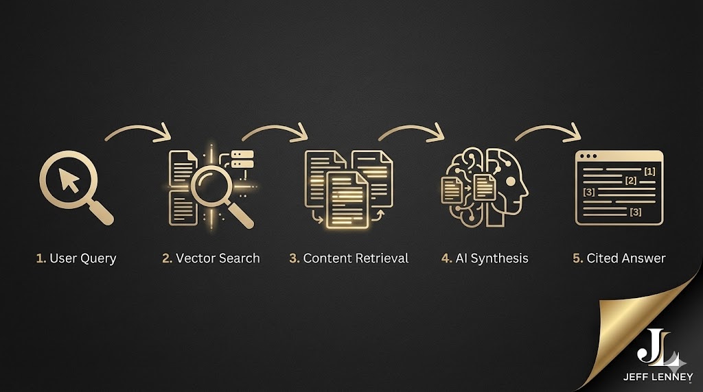 RAG process diagram showing how AI systems retrieve and cite content in 5 steps