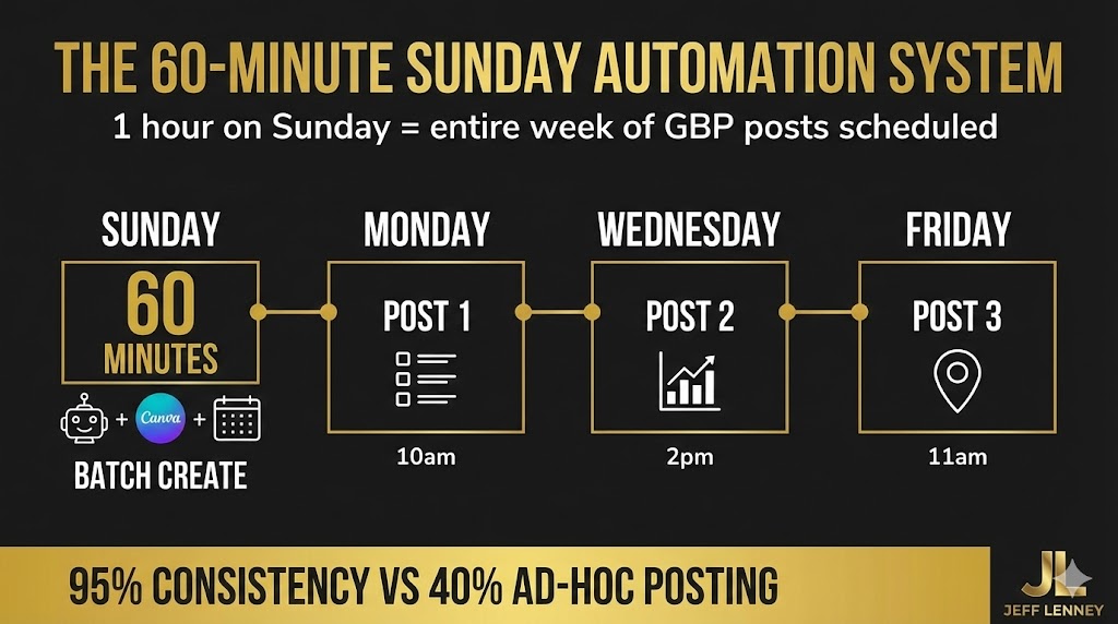 7-day GBP post automation system for real estate agents showing Sunday batch workflow
