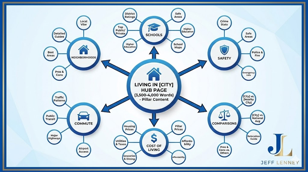 Hub and spoke content architecture diagram for real estate SEO site structure