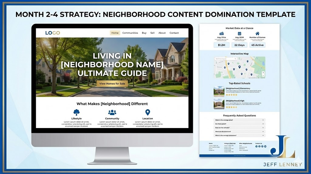 Neighborhood guide page template mockup for real estate SEO content strategy