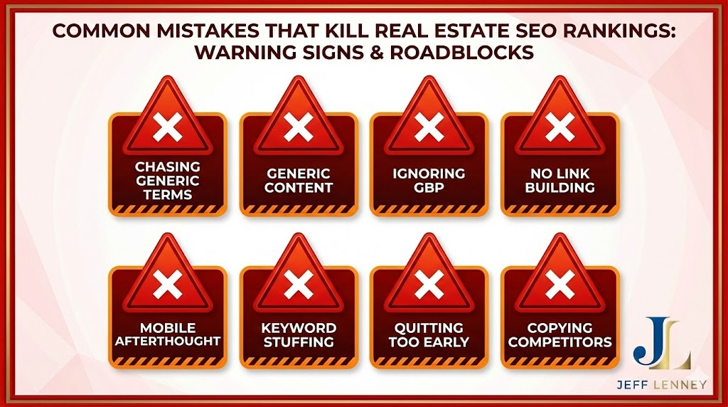Common real estate SEO mistakes infographic showing ranking failures to avoid