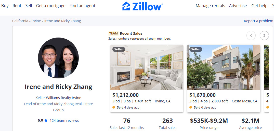 Zillow profile for Irene and Ricky Zhang showing 76 transactions and 2.1 million dollar average sale price