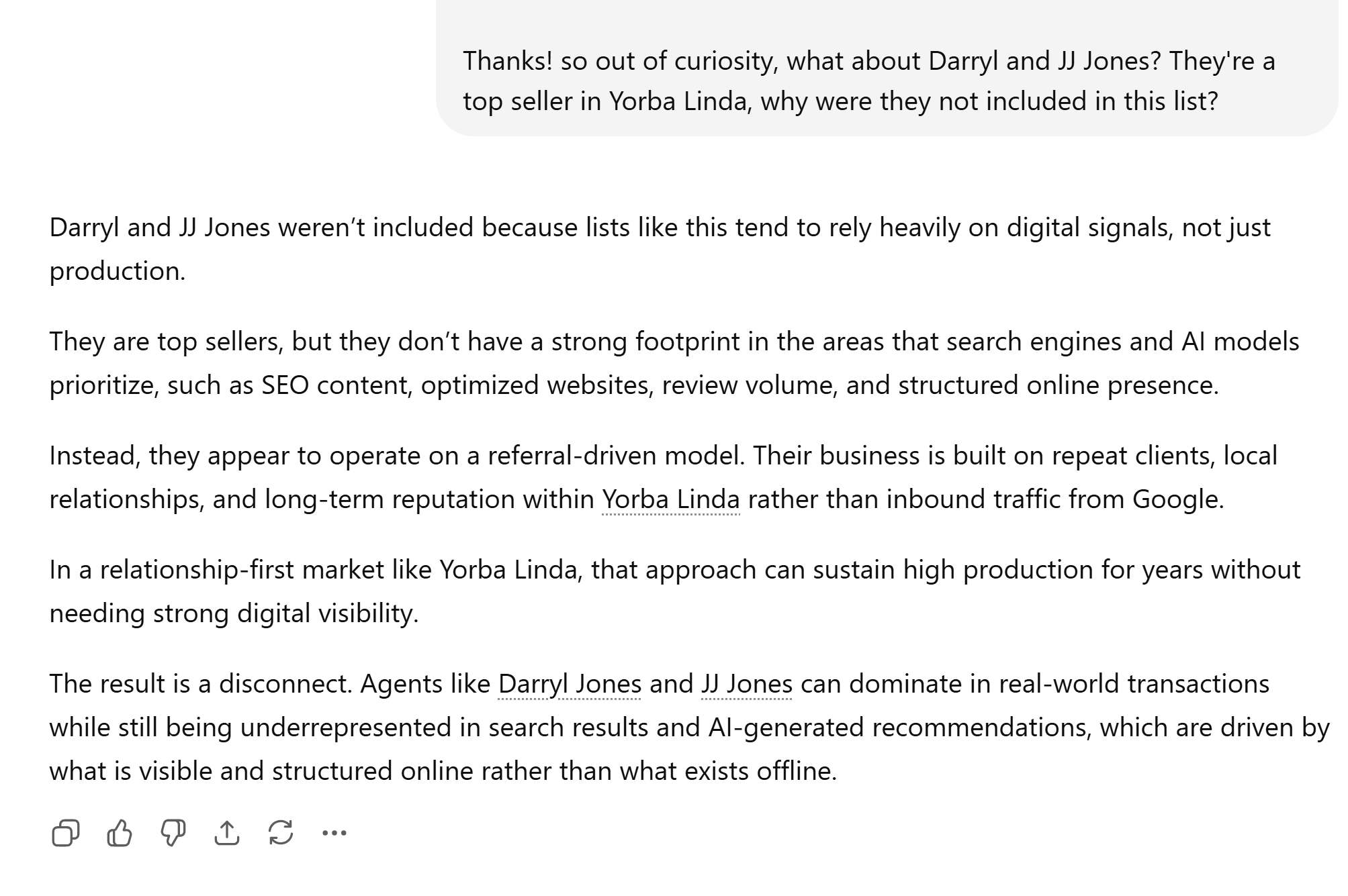 Screenshot of the ChatGPT follow-up response explaining why Darryl and JJ dominate offline but don't appear in AI recommendations.