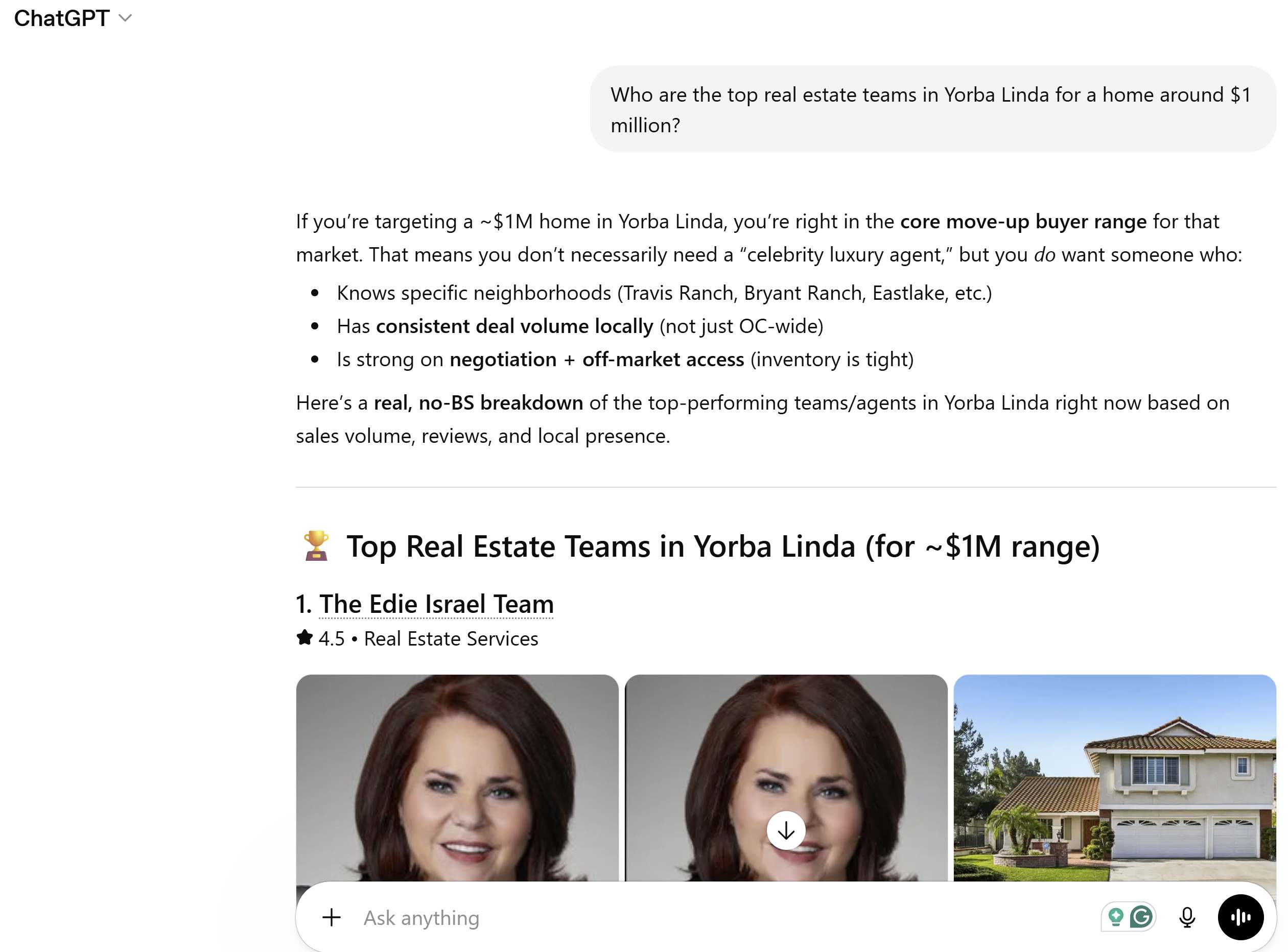 Screenshot of the ChatGPT response showing the five recommended Yorba Linda teams with Darryl and JJ Jones completely absent.