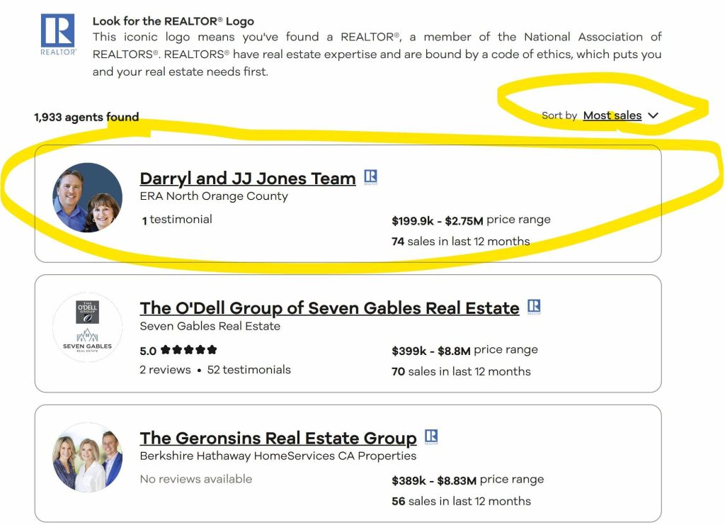Screenshot of Realtor.com Yorba Linda agents page sorted by Most Sales -- showing Darryl and JJ Jones at #1 with 74 sales.