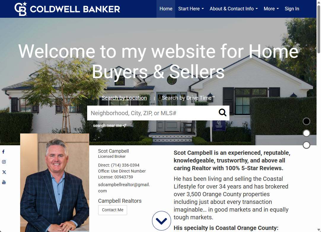 Scotcampbell.com homepage showing MoxiWorks template layout for Coldwell Banker agent